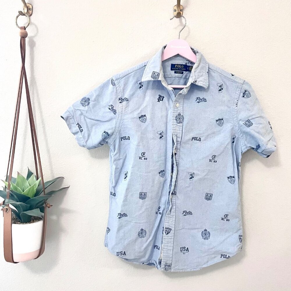 POLO Ralph Lauren Blue Tossed Icons Varsity Logo Short Sleeve Shirt Size S